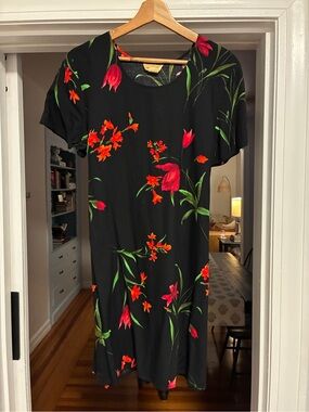 Vintage Black Mini Dress with Red Floral Print